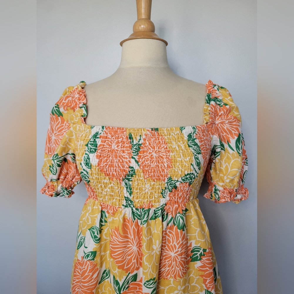 House of Harlow 1960 Linen Babydoll Floral Smocked Puff Sleeve Dress SZ M - Picture 2 of 9